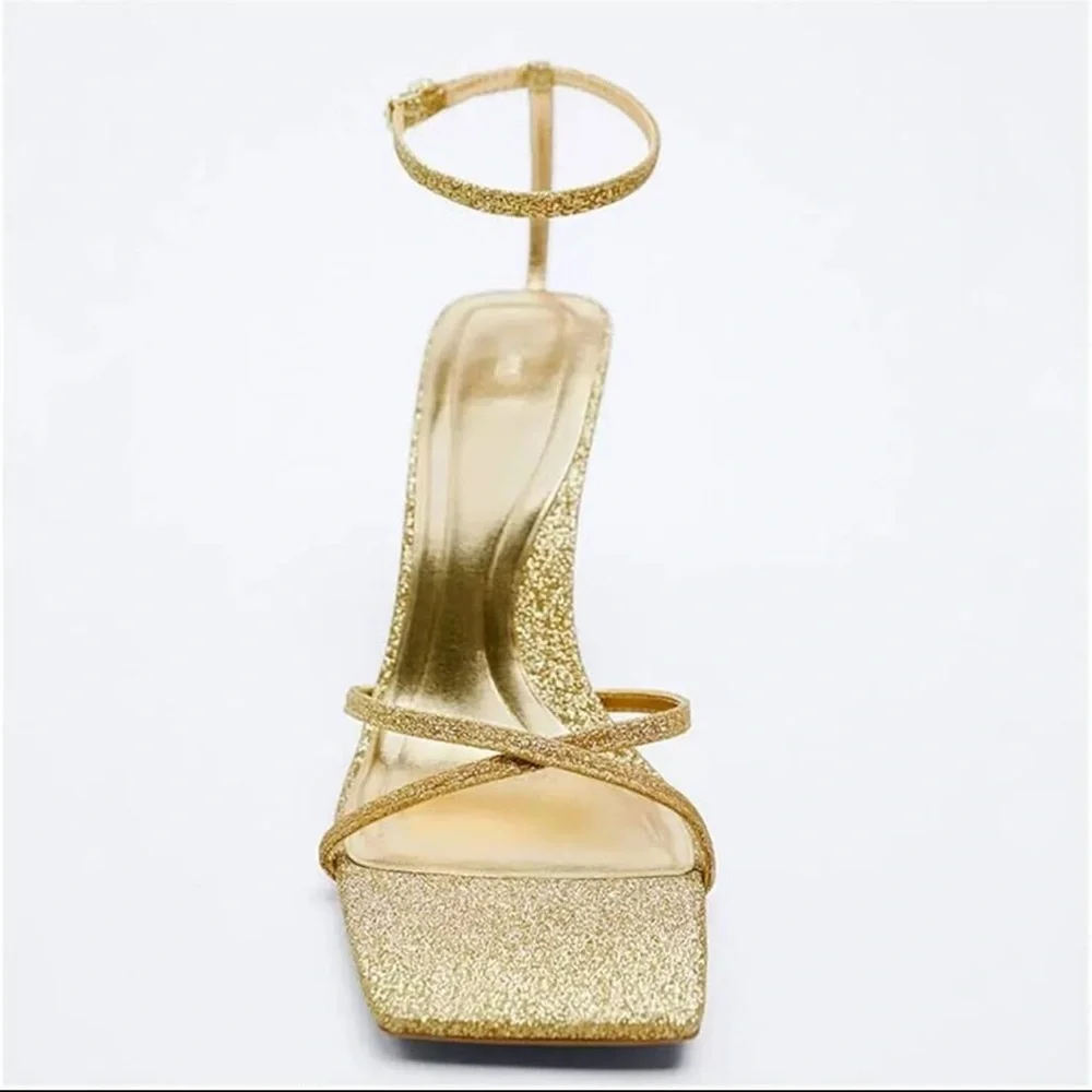 Zara Metallic Gold Cross Band Ankle Strap Sandal - Picture 3 of 8